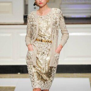 Oscar de la Renta PF12 Runway Beige Cashmere Sequined Embroidered Cardigan